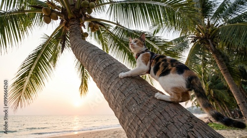 Calico cat climbing a leaning palm tree on a tropical beach during a beautiful sunset.