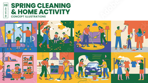 Spring Cleaning and Home Activity Illustration Set.