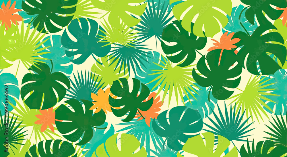 Fototapeta premium Vibrant tropical foliage in shades of green, teal, and orange creates a lush jungle pattern