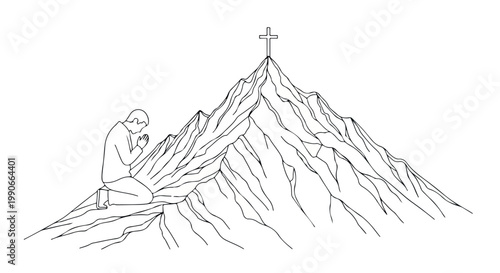 A lone climber ascends a rugged mountain toward a distant summit cross, symbolizing devotion and spiritual ascent