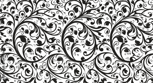 A black and white pattern of swirling vines, leaves, and buds