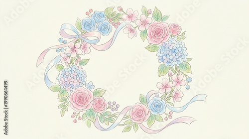 Watercolor floral wreath illustration with pastel roses and cherry blossoms