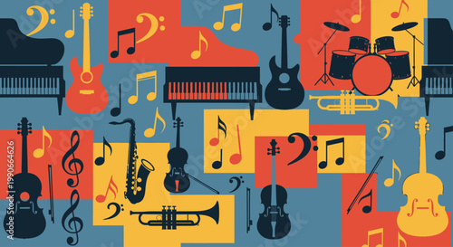 A vibrant collage of musical instruments and notes in bold primary colors