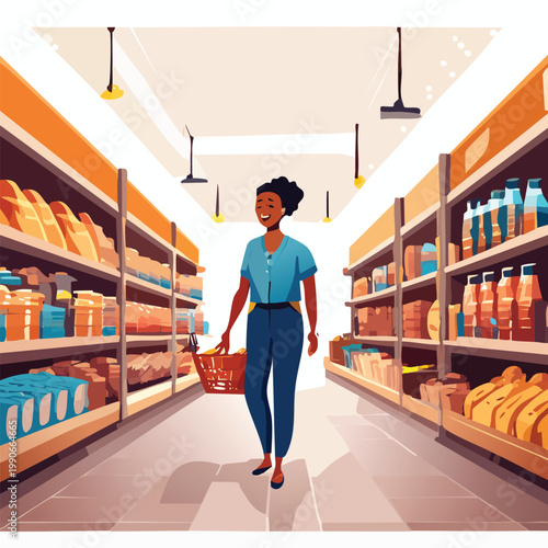 Woman shopping in supermarket aisle choosing groceries with basket