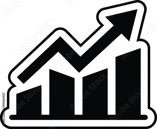Black and white illustration of a bar graph with an upward trend arrow