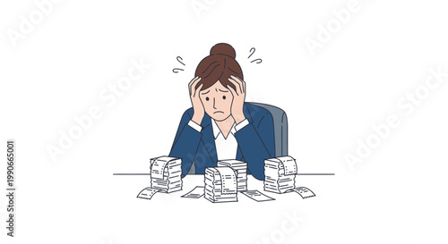 Businesswoman stressed organizing receipt piles illustration