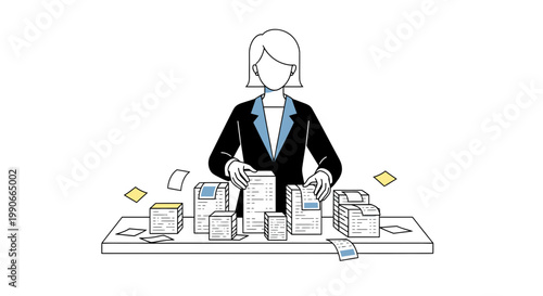 Businesswoman sorting receipt stacks on table flat illustration