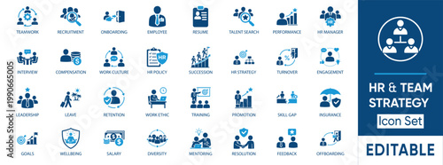 HR and team strategy icon set. Containing human resources, recruitment, onboarding, leadership, diversity, retention and more. Solid vector icons collection.