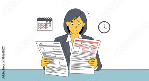 Businesswoman worried about tax deadline reading forms illustration