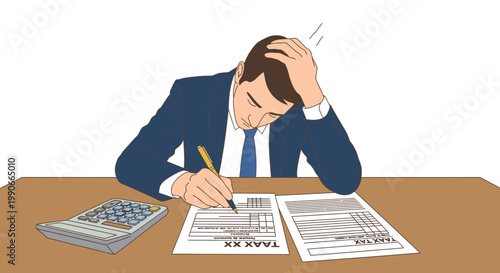 Exhausted businessman calculating numbers on tax form illustration