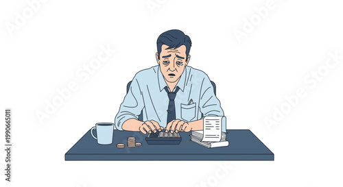 Fatigued businessman calculating expenses at kitchen table illustration