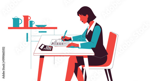 Businesswoman writing tax numbers on document at kitchen table illustration
