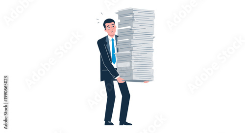 Fatigued businessman holding large document stack illustration