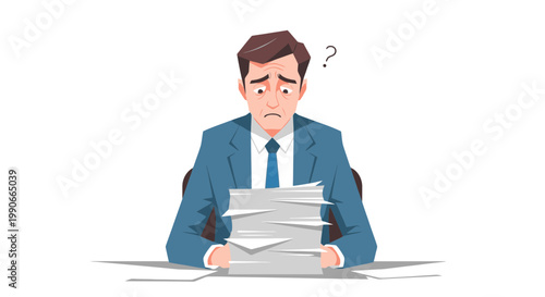 Fatigued businessman confused by paperwork stack illustration