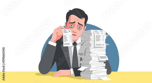 Fatigued businessman reviewing receipt stack flat vector illustration