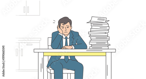 Fatigued businessman sitting with document stack at kitchen table illustration