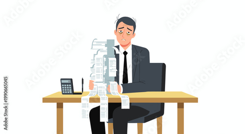 Fatigued businessman holding stack of receipts at kitchen table illustration