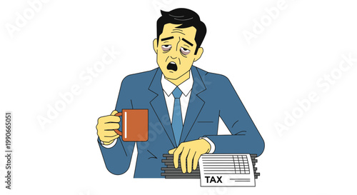 Fatigued businessman with coffee mug and tax forms illustration