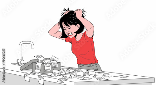 Frustrated woman pulling hair at kitchen counter covered with receipts illustration