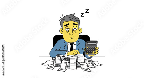 Sleepy businessman counting expenses from receipts flat illustration