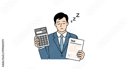 Sleepy businessman holding calculator and tax sheet illustration