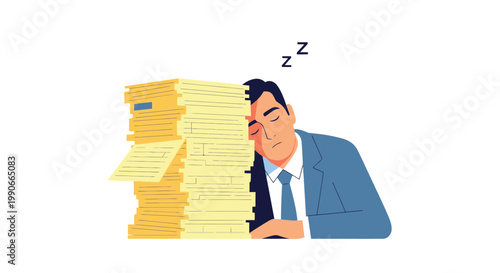 Sleepy businessman overwhelmed by tax forms flat vector illustration