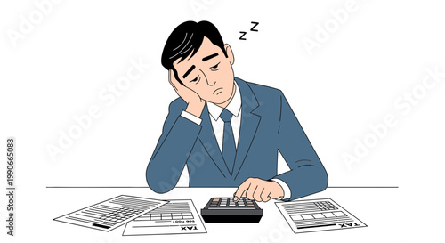Sleepy businessman looking at calculator beside tax papers illustration
