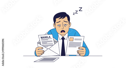 Sleepy businessman reviewing documents and envelope vector illustration