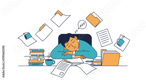 Sleepy businessman surrounded by document chaos flat vector illustration