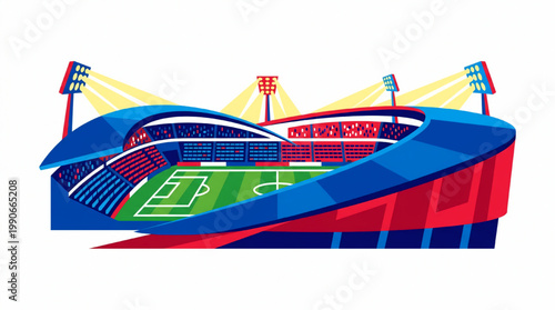 Vector illustration of a modern soccer stadium at night with floodlights