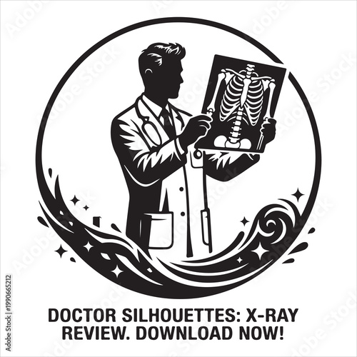 Silhouette of a male physician in a lab coat reviewing a chest x-ray film isolated on white background, Vector