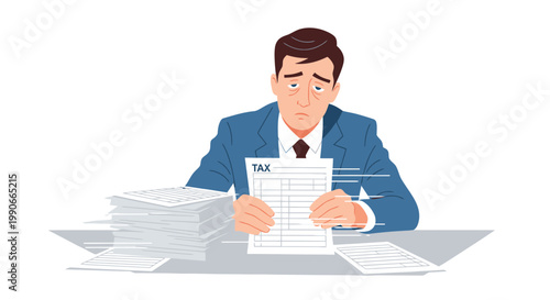 Tired Businessman Sorting Tax Forms Quickly Minimalist Vector Illustration
