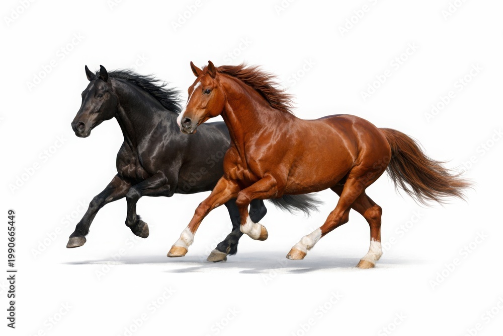 Obraz premium Dynamic duo of galloping horses, a majestic black stallion and a powerful brown mare, showcasing equine beauty and strength in motion, perfect for equestrian themes.