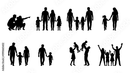 Family silhouette collection with parents and children, set of 8 diverse family groups in black vector, people walking and playing together