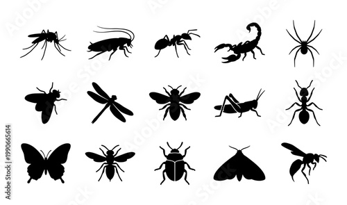 Black insect silhouettes set, 15 bug icons collection including spider and scorpion, flat vector nature elements for pest control and biology