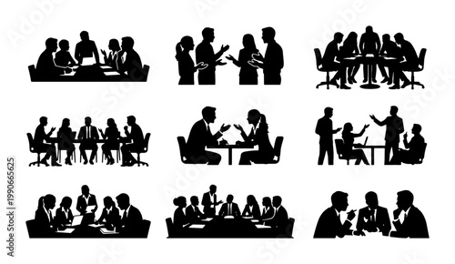 Professional business meeting silhouettes set, corporate team collaboration and office discussion vector icons, group of people working together