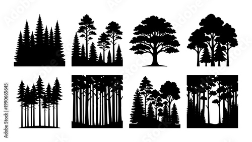 Black forest tree silhouettes, set of 8 pine and oak woodland vector icons, minimalist evergreen and deciduous forest landscape elements for design