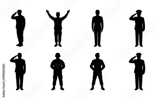 Military soldier silhouette collection, 8 army personnel vector icons, saluting officer and infantry man silhouettes, black security guard figures