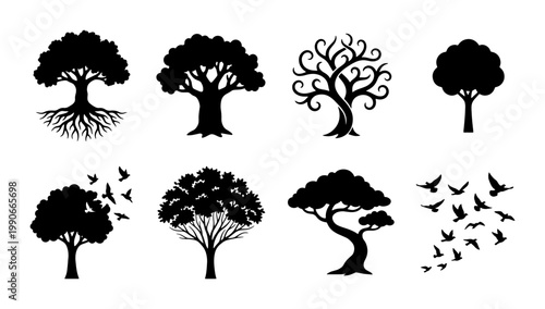 Black tree silhouettes collection, set of 8 nature vector icons with roots and birds, oak and bonsai tree shapes for landscape design