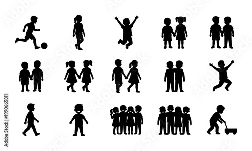 Black children silhouettes set, 15 vector icons of kids playing and standing, childhood friendship and active youth figures for graphic design