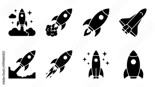 Rocket ship icon set, black solid spaceship vector silhouettes, 8 startup launch and space exploration symbols for business growth