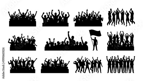 Crowd silhouette collection with 11 cheering audience groups, black human silhouettes for concert and sports events, cheering people vector set