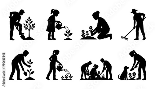 Gardening people silhouette set, 8 vector icons of men and women planting flowers, family gardening and backyard landscaping activities