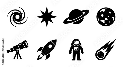 Minimalist space exploration icons set, black celestial vector symbols, 8 astronomy graphics including rocket ship and astronaut for science education