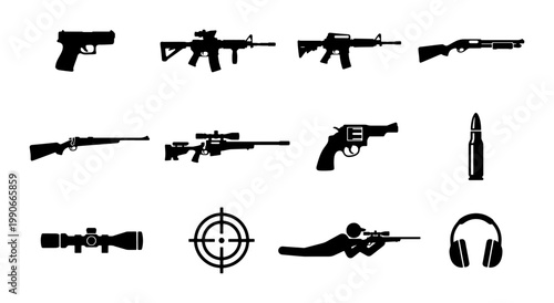Military weapon silhouettes and firearm icons set, black gun collection with rifles and pistols, tactical shooting equipment vector illustrations