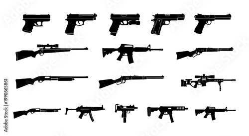 Black silhouette gun collection, 16 weapon vector icons including pistols and rifles, tactical firearm set for gaming and security design