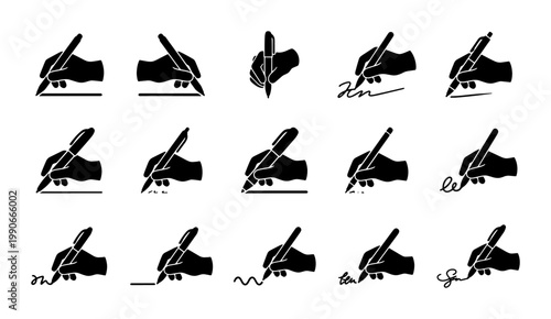 Black silhouette hand writing icons, set of 15 human hands holding pens and signing documents, minimalist business signature vector elements