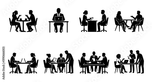 Business people silhouettes set, professional office meeting and teamwork icons, corporate employees working at desks vector collection