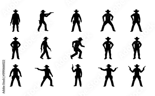 Wild West cowboy silhouettes set, 15 western outlaw and sheriff vector icons, vintage gunfighter and bandit character collection for gaming and design