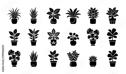 Minimalist houseplant silhouette icons, set of 18 black potted plant vector illustrations, modern indoor garden greenery symbols for web design